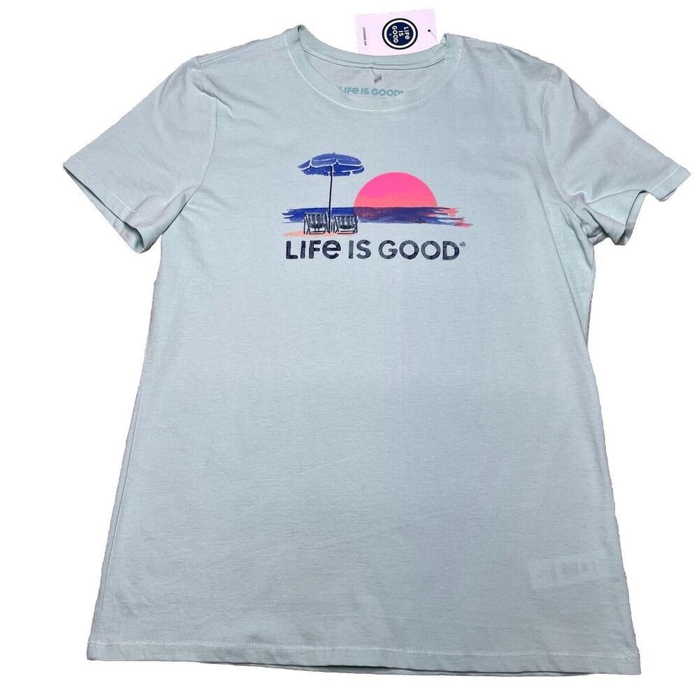 NWT LIFE IS GOOD Beach T-shirt Women’s Small Ocean Lake Sun I Like It Here Green